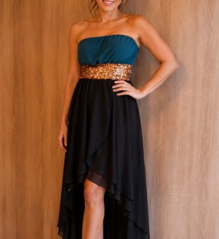 Vestido strapless lentejuelas y gasa