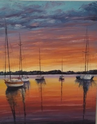 Cuadro óleo espátula atardecer veleros 65 x 46