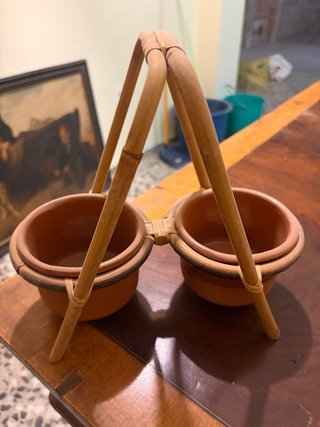 Macetero doble barro y mimbre