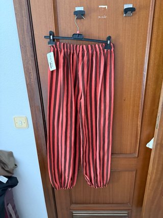 Pantalón lino rayas marrón y coral