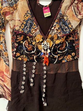 Vestido gasa marrón y multicolor
