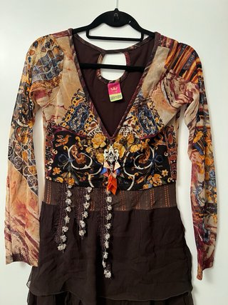 Vestido gasa marrón y multicolor