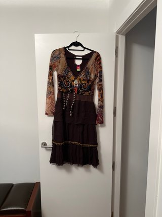 Vestido gasa marrón y multicolor