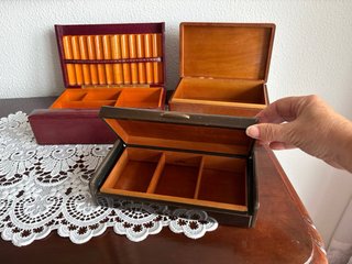 3 Antiguas Cajas Tabaqueras Piel y Madera