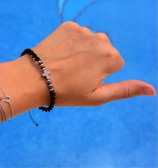 Pulsera Cruz Hematita y Acero Hombre Negra