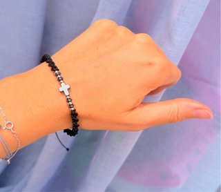 Pulsera Cruz Hematita y Acero Hombre Negra
