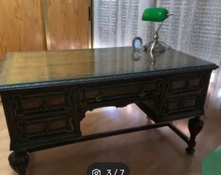 Mesa Escritorio Antigua Madera Castaño y Cristal