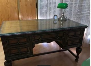 Mesa Escritorio Antigua Madera Castaño y Cristal