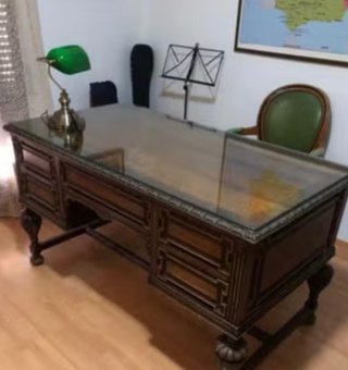 Mesa Escritorio Antigua Madera Castaño y Cristal