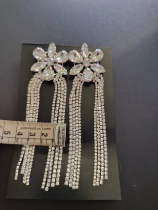 Pendientes largos flor flecos strass plateados