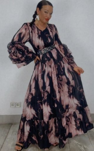Vestido fiesta volante negro y rosa