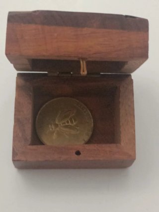 Moneda con diseño de insecto en preciosa cajita