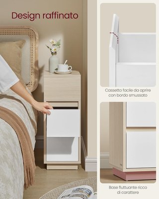 Set di 2 Comodini Stretti con 2 Cassetti Beige Nat
