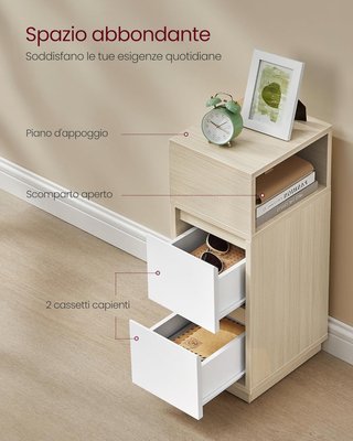 Set di 2 Comodini Stretti con 2 Cassetti Beige Nat