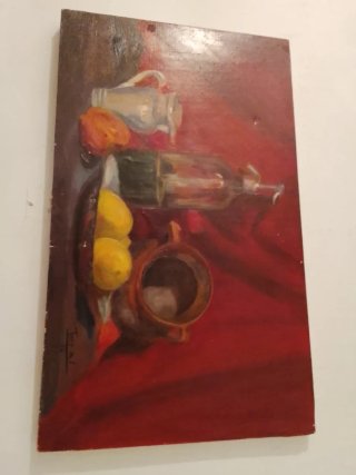 Cuadro bodegón con jarra y frutas