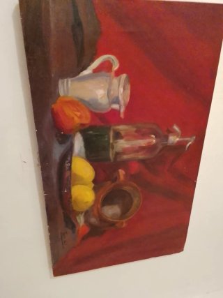 Cuadro bodegón con jarra y frutas