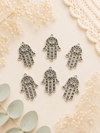 6 Colgantes Mano de Fátima Hamsa color plata