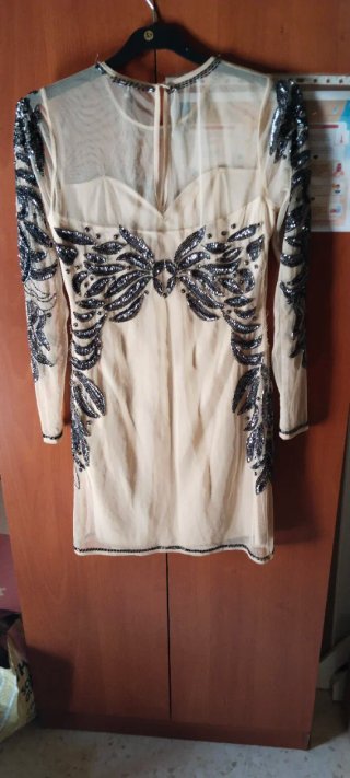 Vestido Fiesta Beige Pedrería Talla L