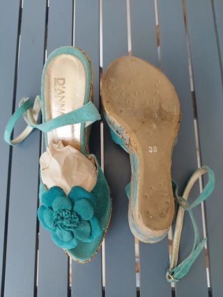 Sandalias DIANNA tacón corcho flor turquesa 37/38