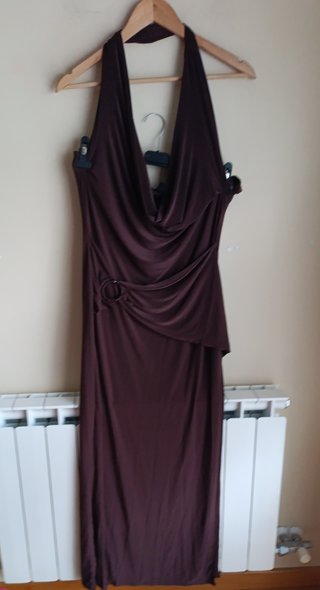 Elegante vestido largo marrón chocolate talla 46