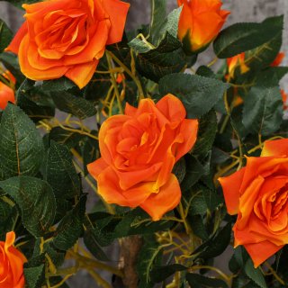 Pianta Finta Rosa Arancione 21 Fiori Vaso Cemento