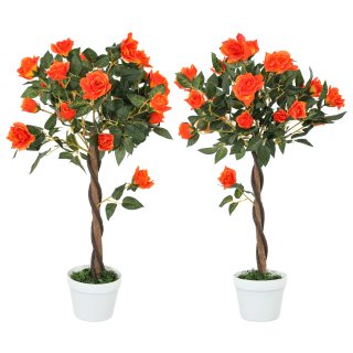 Pianta Finta Rosa Arancione 21 Fiori Vaso Cemento