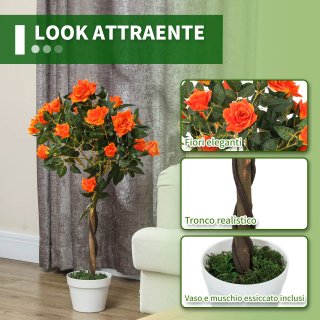 Pianta Finta Rosa Arancione 21 Fiori Vaso Cemento