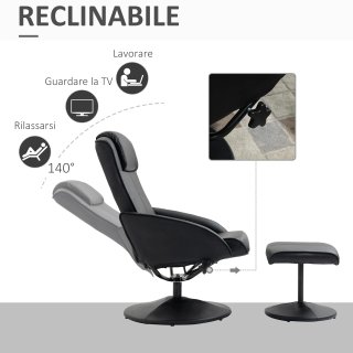 Poltrona Reclinabile con Pouf in Finta Pelle Nero