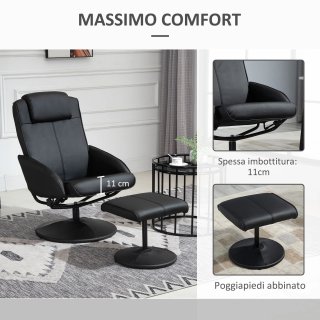 Poltrona Reclinabile con Pouf in Finta Pelle Nero