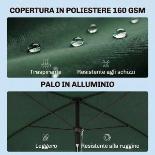 Ombrellone Giardino Rettangolare 2x1.3m Verde Nero