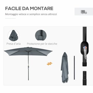 Ombrellone Rettangolare 2x3 m con Manovella Grigio
