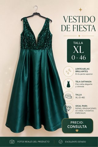 Vestido fiesta Evassé Costura verde lentejuelas
