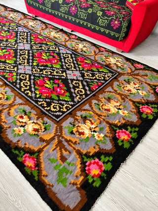 Tappeto Kilim Lana Nero e Rosa