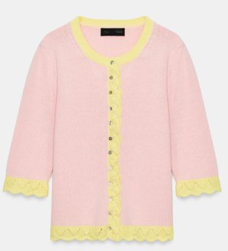 Cárdigan rosa y amarillo con volantes