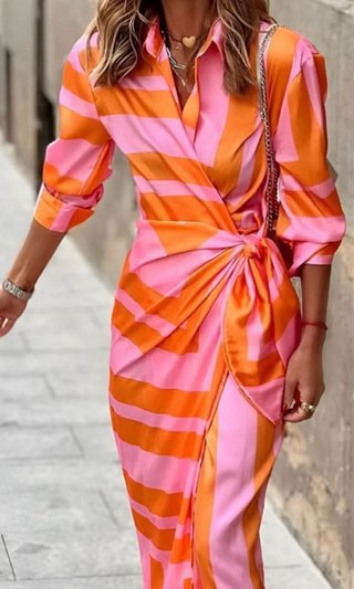 Vestido camisero cruzado rayas naranja y rosa