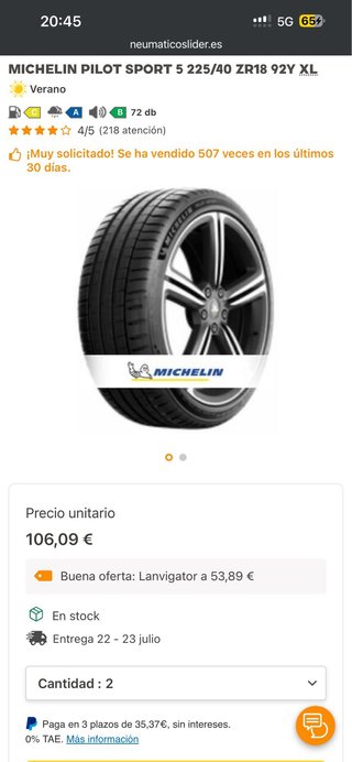 2 Neumáticos Michelin Pilot Sport 5 225/40/18 92Y