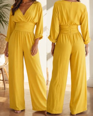 Mono amarillo pantalón palazzo escote V