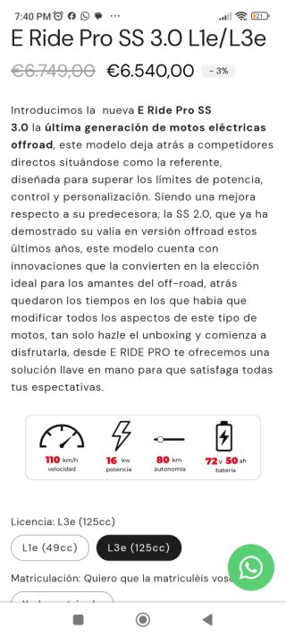 Moto Eléctrica Enduro e RIDE PRO SS 3.0