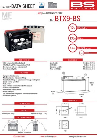 Batería BTX9-BS sin mantenimiento de 12V 16CC