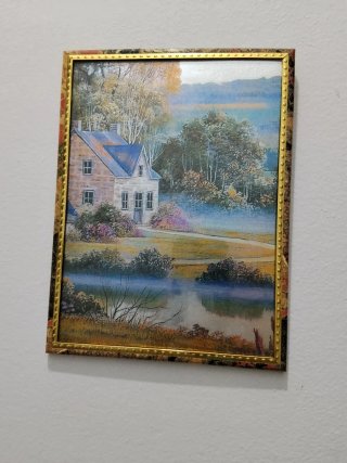 Cuadro pequeño paisaje casa y lago