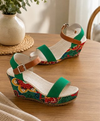 Sandalias cuña verde y multicolor