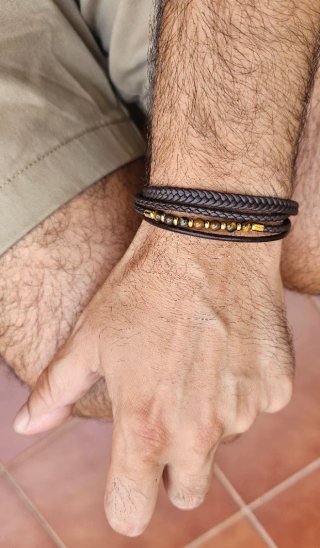 Pulsera hombre piedra natural, piel y acero