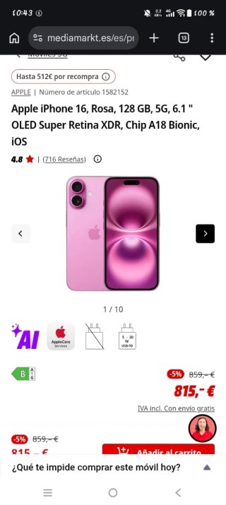 iPhone 16 Rosa 128GB 5G