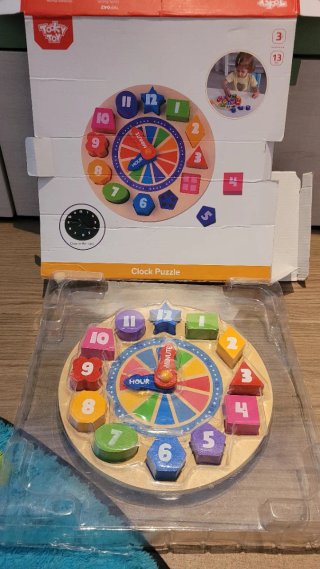 Reloj Puzzle Madera Números, Formas, Colores, Hora