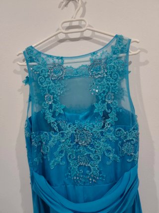 Vestido largo fiesta pedrería azul turquesa