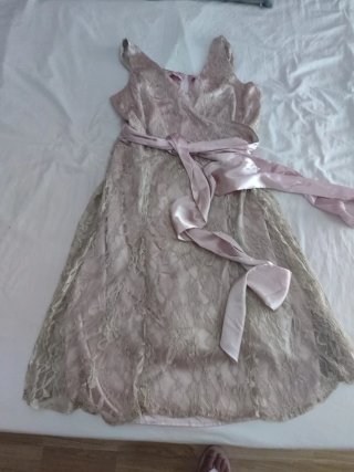 Vestido fiesta encaje Malú modas rosa y dorado