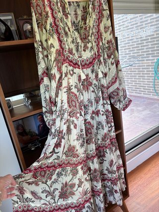 Vestido boho gasa beige y rojo talla única