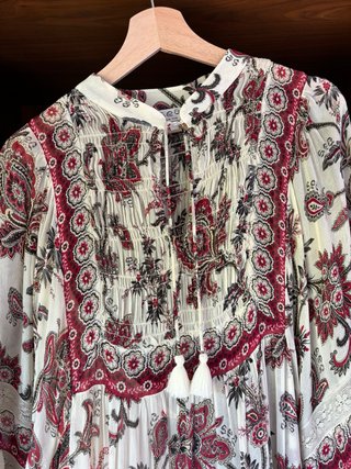 Vestido boho gasa beige y rojo talla única