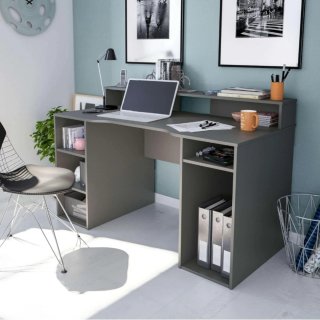 Escritorio gris con estanterías