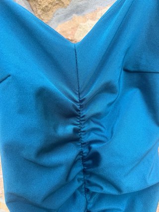 Vestido fiesta azul petróleo drapeado